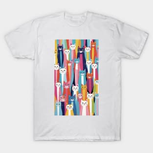 Rainbow Whisker Harmony: A Kaleidoscope of Colorful Cat Patterns T-Shirt